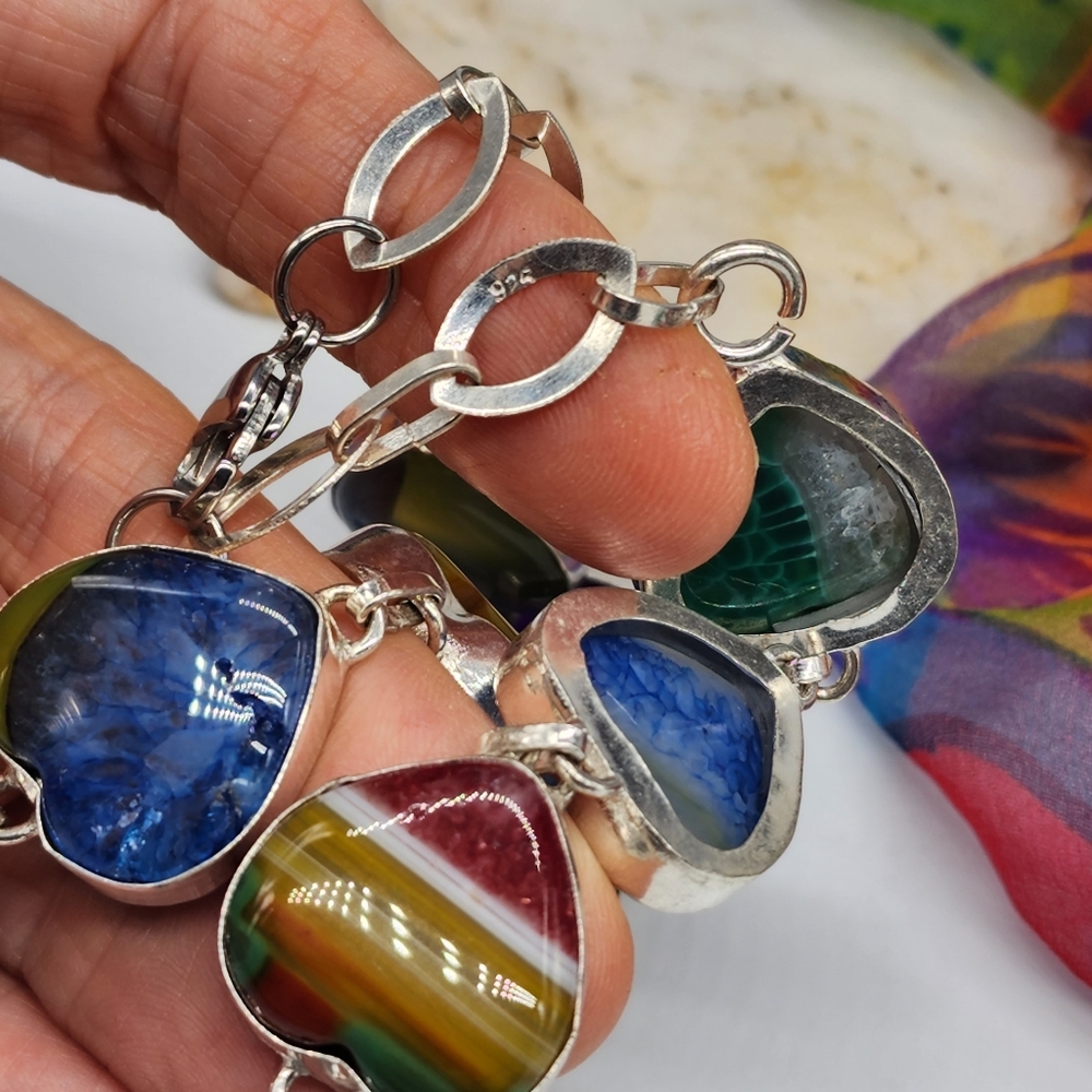 Vintage Jewelry Sterling Silver 925 Necklace Genuine Agate Stones Heart - Picture 8 of 15